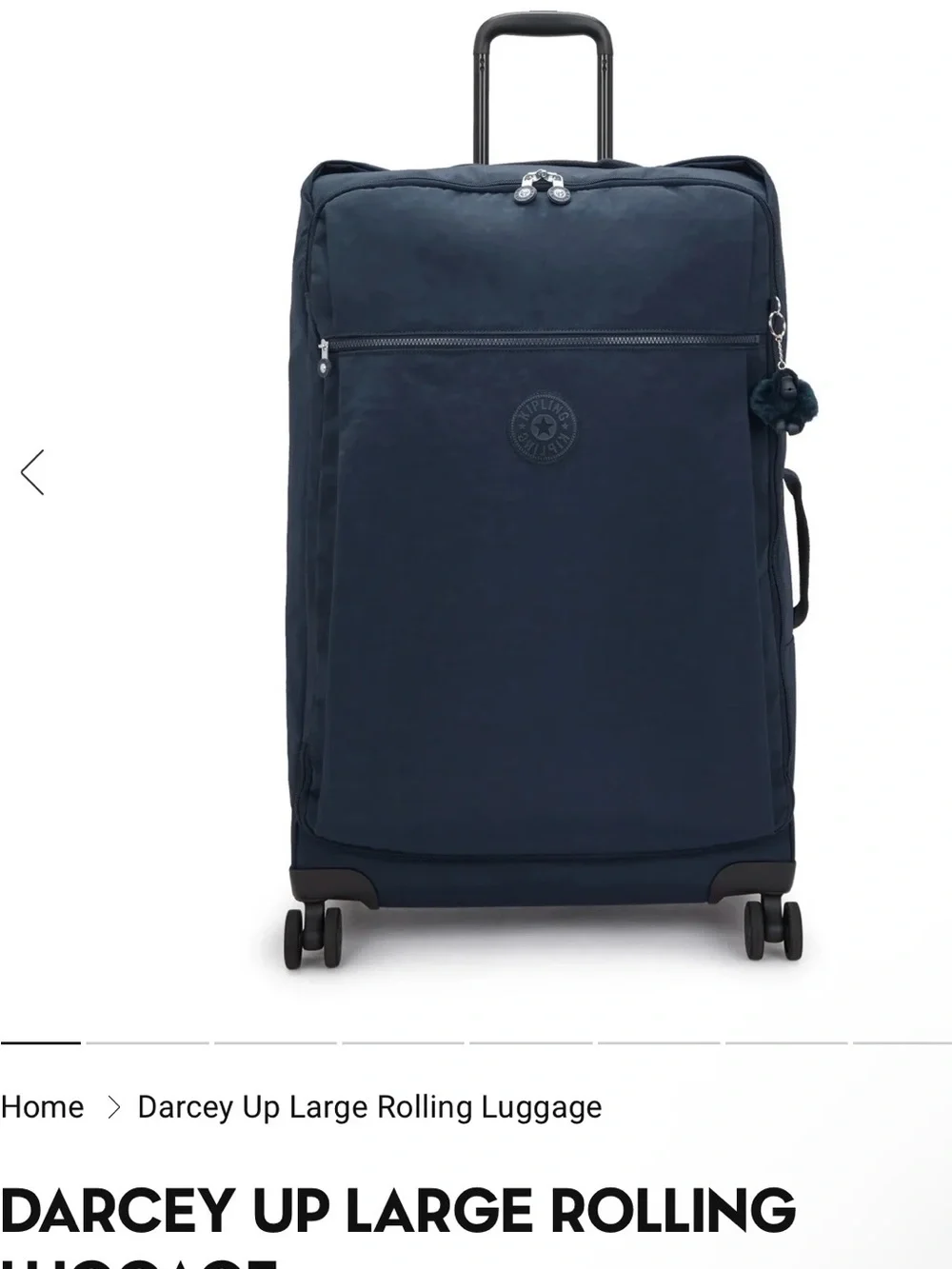 Kipling Dark Navy Upright Rolling Suitcase with Monkey Charm
